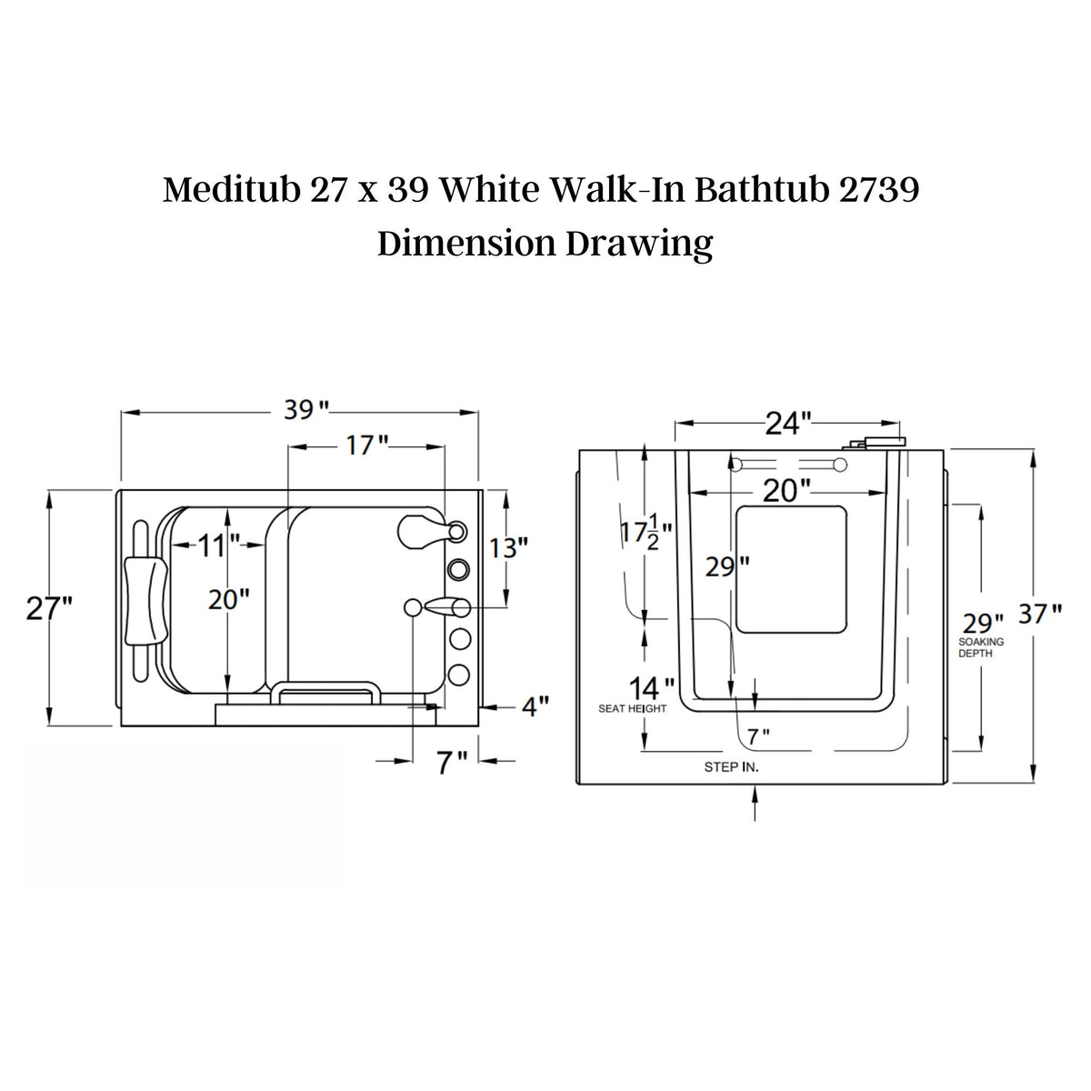 Meditub 27 x 39 White Walk-In Bathtub 2739