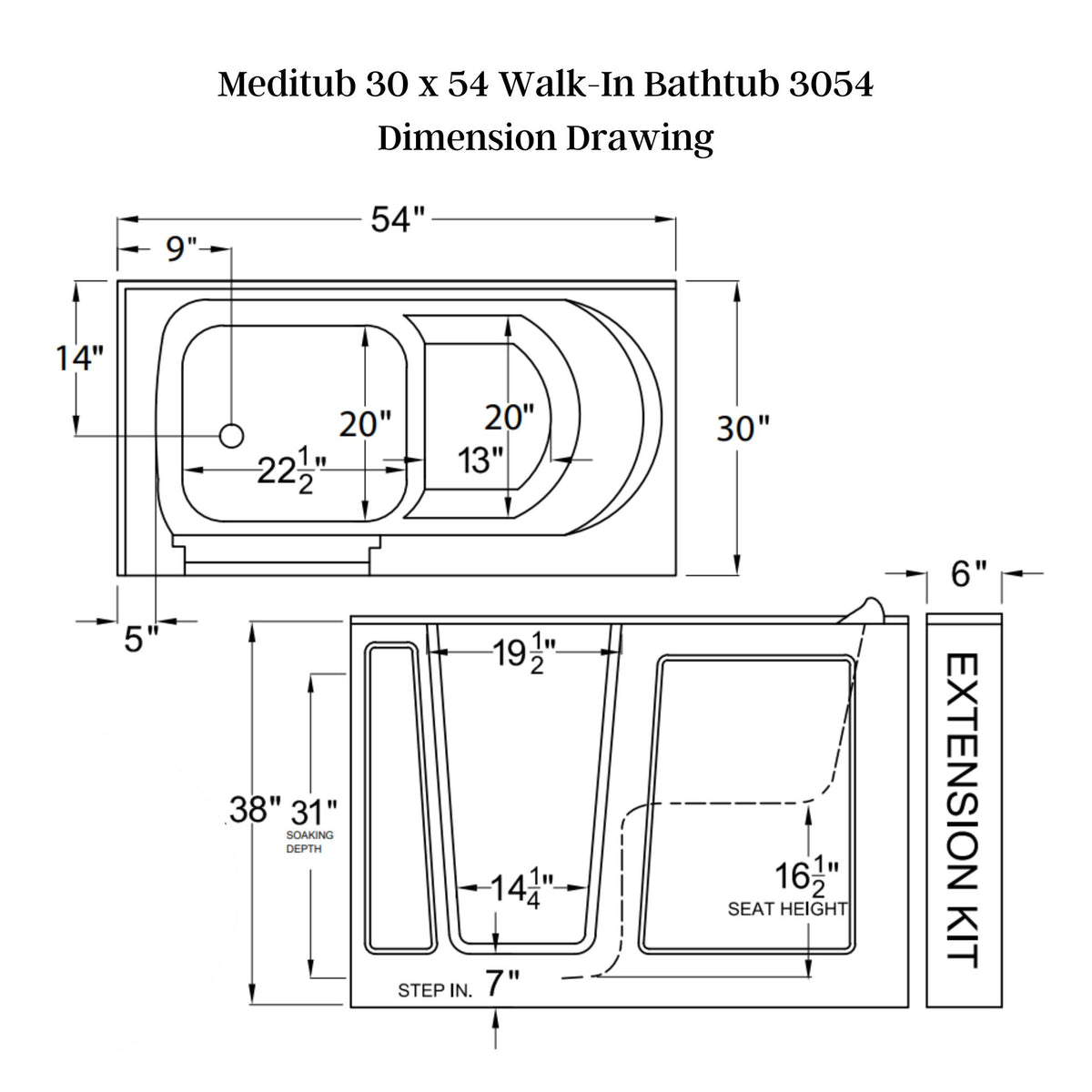 Meditub 30 x 54 White Walk-In Bathtub 3054