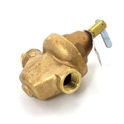 A bronze Mr. Steam pressure reducing valve viewed from an angled perspective, showing its threaded internal port connection, cast body, and top adjustment mechanism with a locking lever.