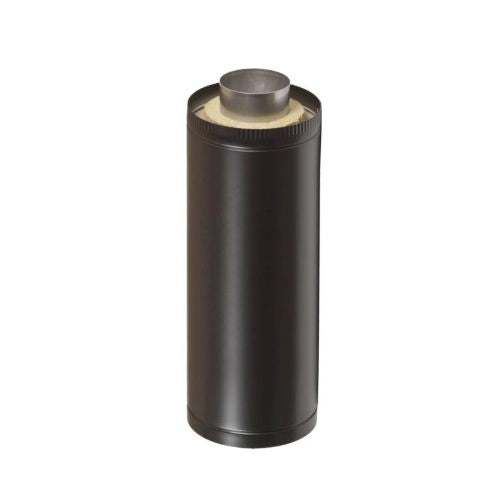 Studio product photo of the Narvi 300mm Black Flue Extension (Model 6130), featuring a cylindrical insulated metal pipe with a matte black outer casing, an inner stainless steel flue, and visible insulation material against a white background.