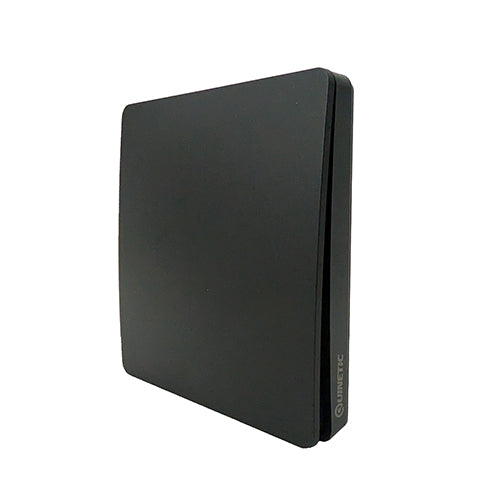 A matte black kinetic wireless light switch featuring the "QUINETIC" logo vertically on its lower right edge, viewed from a side angle on a white background.
