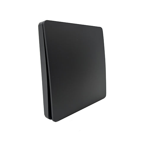 A matte black, single-gang kinetic wireless light switch, viewed from a side angle showing its slim profile on a white background.