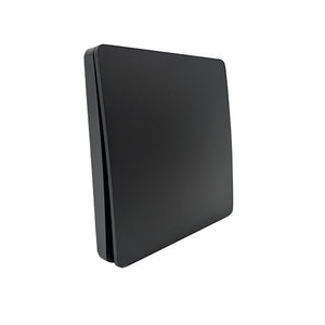 A matte black, single-gang kinetic wireless light switch, viewed from a side angle showing its slim profile on a white background.
