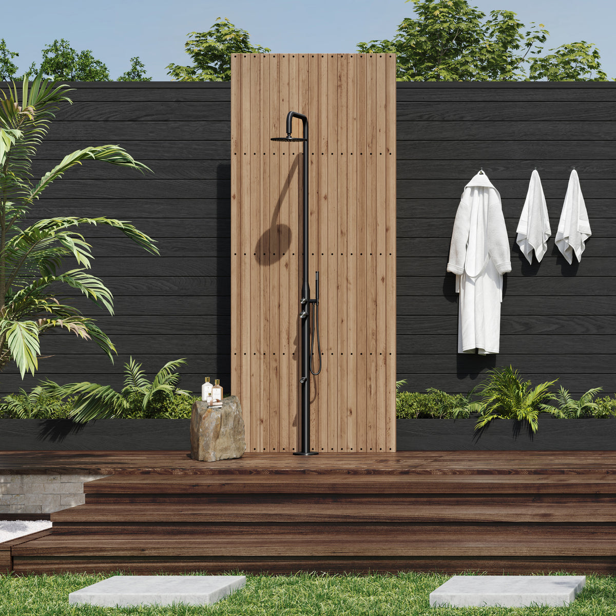 PULSE ShowerSpas Pipeline Outdoor Shower System 1065-MB - Floor mounted & pre-plumbed - 316 stainless steel brushed body - Single-function sleek wand handshower - Foot rinse spout - Freestanding base - Outdoor Setting - Vital Hydrotherapy