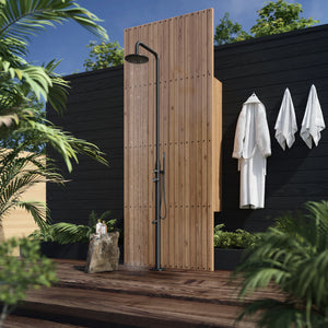PULSE ShowerSpas Pipeline Outdoor Shower System 1065-MB - Floor mounted & pre-plumbed - 316 stainless steel brushed body - Single-function sleek wand handshower - Foot rinse spout - Freestanding base - Outdoor Setting - Vital Hydrotherapy