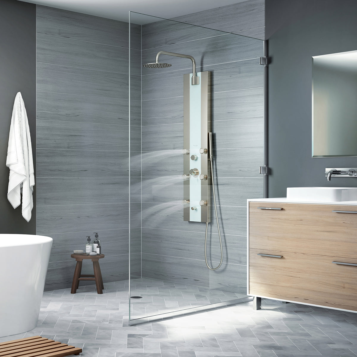 PULSE ShowerSpas Seafoam Glass Shower Panel - Tropicana ShowerSpa 1039W-BN