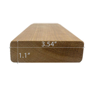 A rectangular wood plank viewed from a low angle, showing cross-section end-grain dimension overlays of 3.54 inches in width and 1.1 inches in thickness.