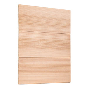 Three rectangular light-colored wood boards stacked horizontally on top of each other against a white background, forming a panel with continuous vertical grain lines.