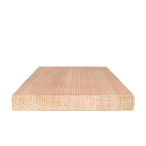 A rectangular light-colored wood board laying flat on a white surface, shown from a front-facing perspective angle with a clear view of the end grain on the front edge and dense vertical grain lines on the top face.