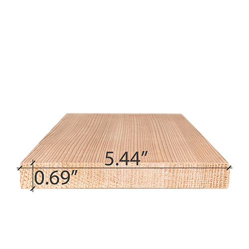 A rectangular light-colored wood board laying flat on a white surface, shown from a front-facing perspective angle with black dimension lines overlaid on the front edge. A horizontal line marks the width as 5.44" and a vertical line marks the thickness as 0.69".