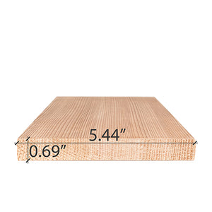 A rectangular light-colored wood board laying flat on a white surface, shown from a front-facing perspective angle with black dimension lines overlaid on the front edge. A horizontal line marks the width as 5.44" and a vertical line marks the thickness as 0.69".