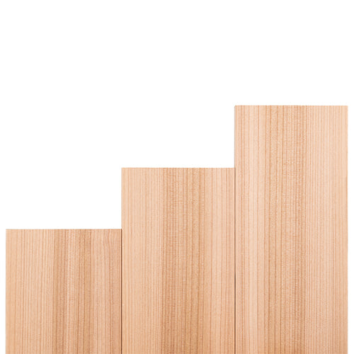 Three rectangular light-colored wood boards arranged side-by-side against a white background, positioned at staggered heights to resemble a step or staircase pattern while showcasing their uniform vertical grain lines.