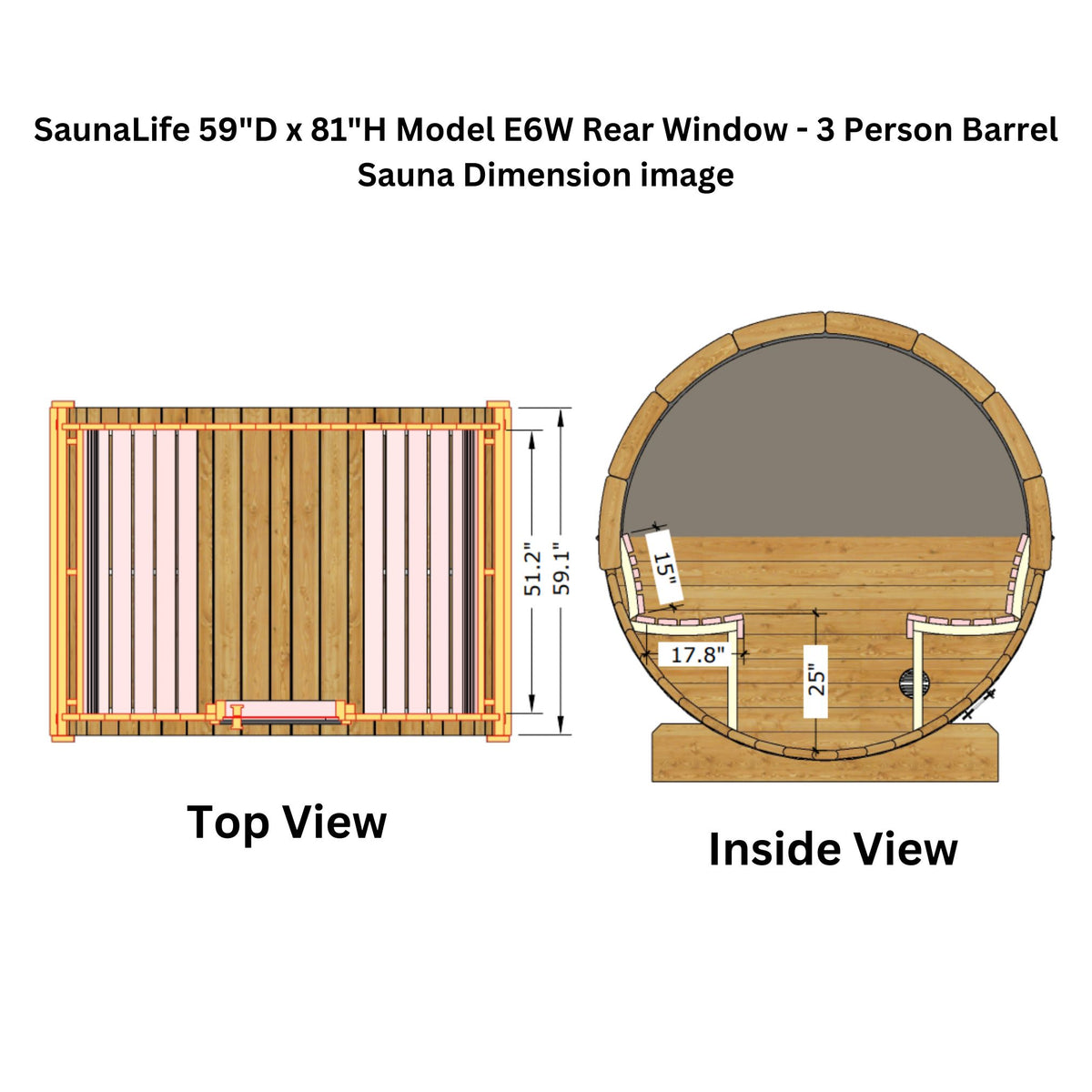 SaunaLife 59"D x 81"H Model E6W Rear Window - 3 Person Barrel Sauna