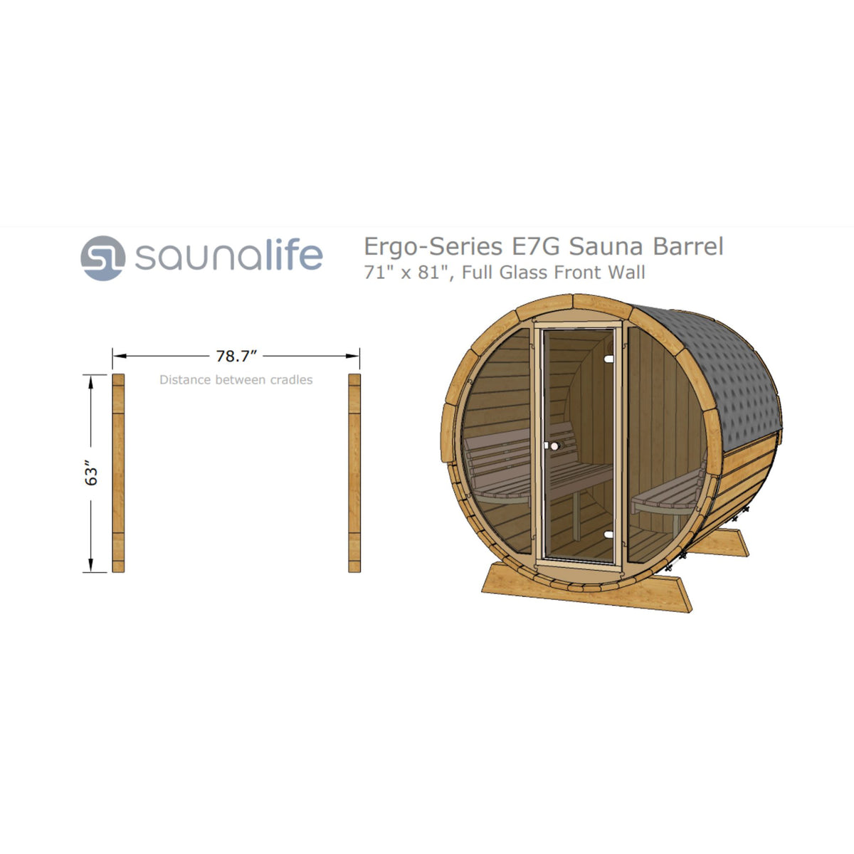 SaunaLife 71"x81" Glass Front Model E7G - 4 Person Barrel Sauna