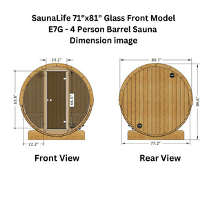 SaunaLife 71"x81" Glass Front Model E7G - 4 Person Barrel Sauna