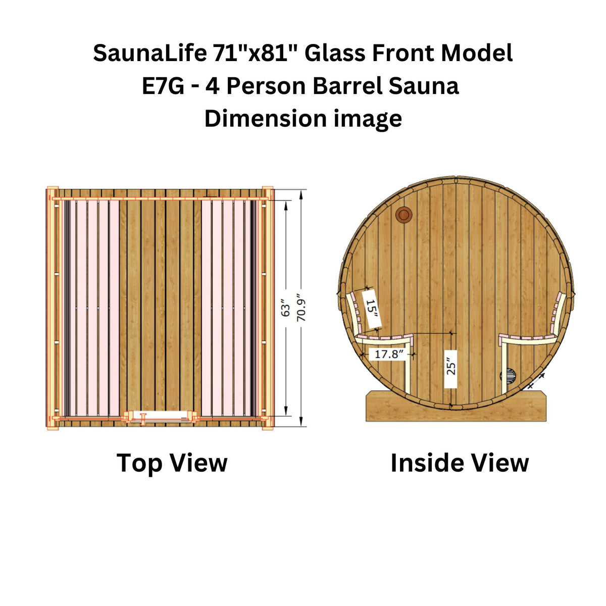 SaunaLife 71"x81" Glass Front Model E7G - 4 Person Barrel Sauna