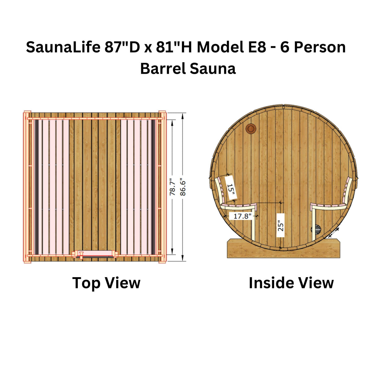 SaunaLife 87"L x 81"D Model E8 ERGO Series 6-Person Sauna Barrel  SL-MODELE8