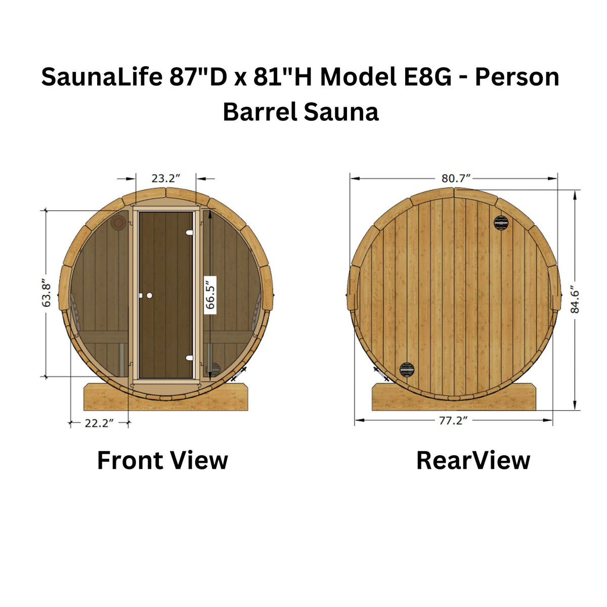 SaunaLife 87"D × 81"H Glass Front Model E8G ERGO‑Series Outdoor Sauna Barrel  Up to 6 Person