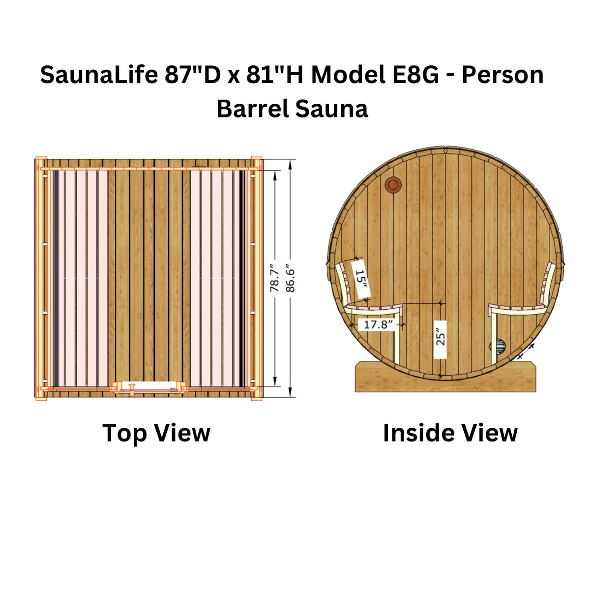 SaunaLife 87"D × 81"H Glass Front Model E8G ERGO‑Series Outdoor Sauna Barrel  Up to 6 Person