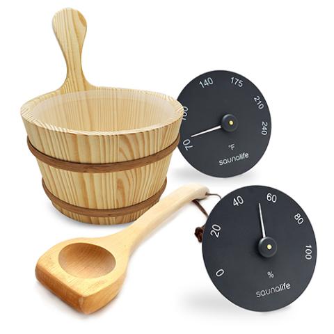 SaunaLife Accessory Package 3 Wooden 1-Gallon Sauna Bucket, Wood Ladle, Thermometer and Hygrometer ACCPKG-3-BK