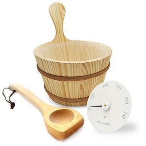 SaunaLife Accessory Package 4 Wooden 1-Gallon Sauna Bucket Set with Wood Ladle and Thermometer ACCPKG-4