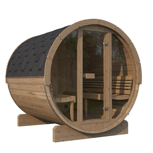 SaunaLife 87"D × 81"H Glass Front Model E8G ERGO‑Series Outdoor Sauna Barrel  Up to 6 Person