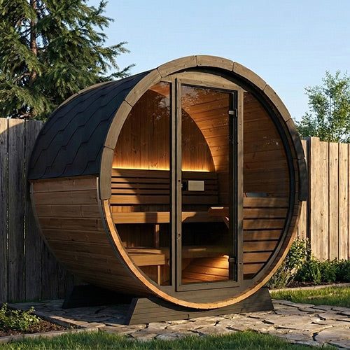 SaunaLife 63" L x 91" Ergo Elegance Series with Glass Front - 4 Person Barrel Sauna SL-MODELEE6G