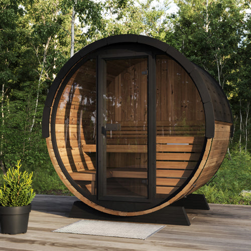 SaunaLife 63" L x 91" Ergo Elegance Series with Glass Front - 4 Person Barrel Sauna SL-MODELEE6G