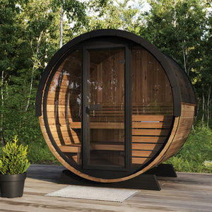 SaunaLife 63" L x 91" Ergo Elegance Series with Glass Front - 4 Person Barrel Sauna SL-MODELEE6G