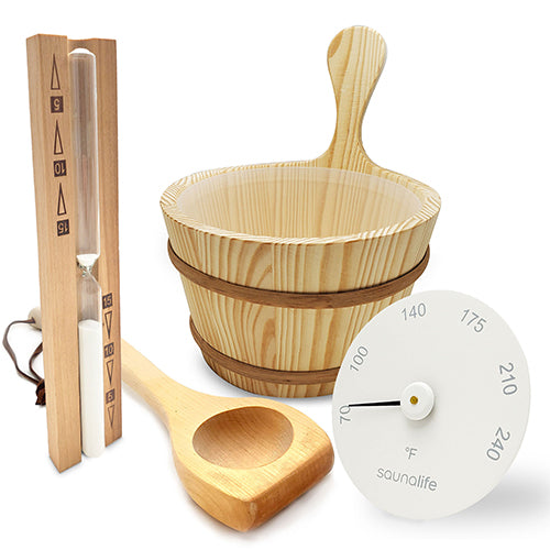 SaunaLife Essentials Set 1 Wood Sauna Bucket and Ladle with Sand Timer and White Thermometer ACCPKG-1
