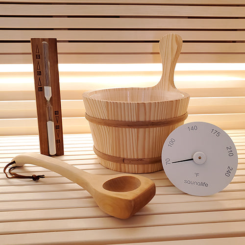 SaunaLife Essentials Set 1 Wood Sauna Bucket and Ladle with Sand Timer and White Thermometer ACCPKG-1