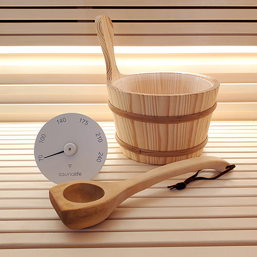 SaunaLife Essentials Set 4 Wood Sauna Bucket and Ladle with Thermometer ACCPKG-4