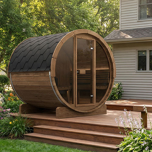 SaunaLife 71"x81" Glass Front Model E7G - 4 Person Barrel Sauna SL-MODELE7G