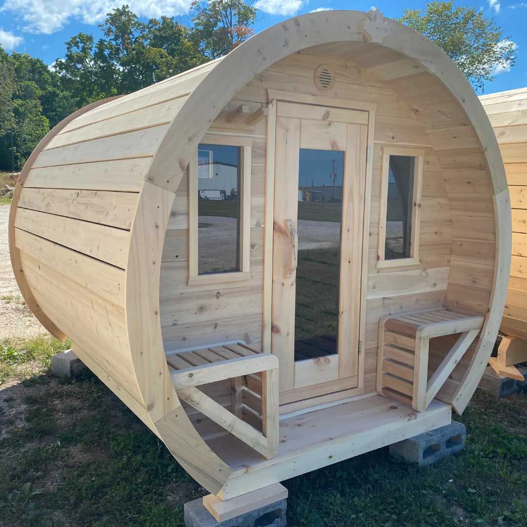 True North Saunas Schooner Outdoor Sauna TNSSS - Top-quality Red Cedar, White Cedar, or Pine Wood - Porch Includes 2 Premium Design Seats - Roof membrane - Roof boards - Flat floors - Door Handles - Glass Doors - Benches - Vital Hydrotherapy