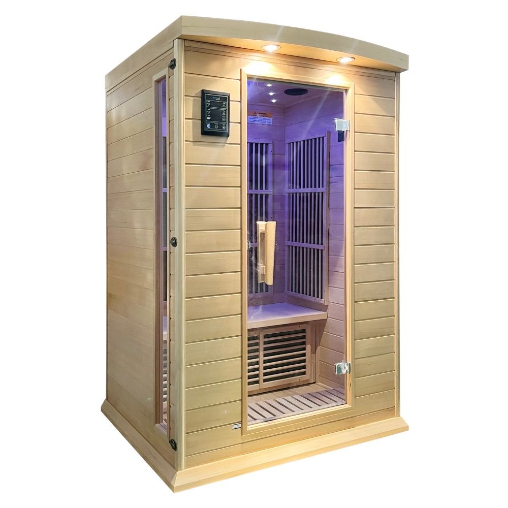 SteamSpa Home Sauna Room 1-2 Person Hemlock Wooden Indoor Sauna Spa - Bluetooth Speaker, FM, Ionizer, FAR Infrared Heater, Three Color Light, Touch Control Panel Temperature SC-SS0009-0S