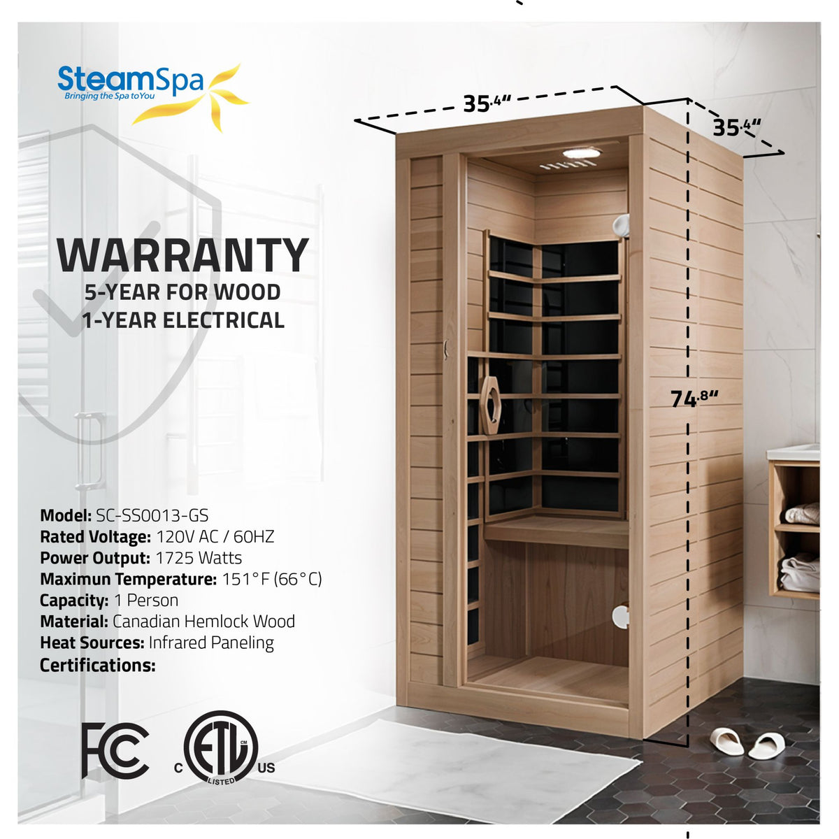 SteamSpa Lucia 1-Person Carbon FAR Infrared Hemlock Wooden Indoor Home Sauna Room with LED Touch Control Panel SC-SS0013-GS