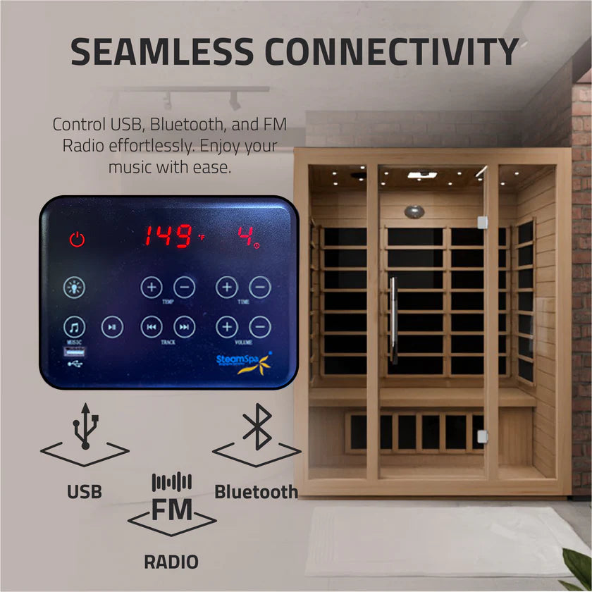 SteamSpa Maldives 3-Person Carbon FAR Infrared Hemlock Wooden Indoor Home Sauna Room with LED Touch Control Panel SC-SS0008-3P