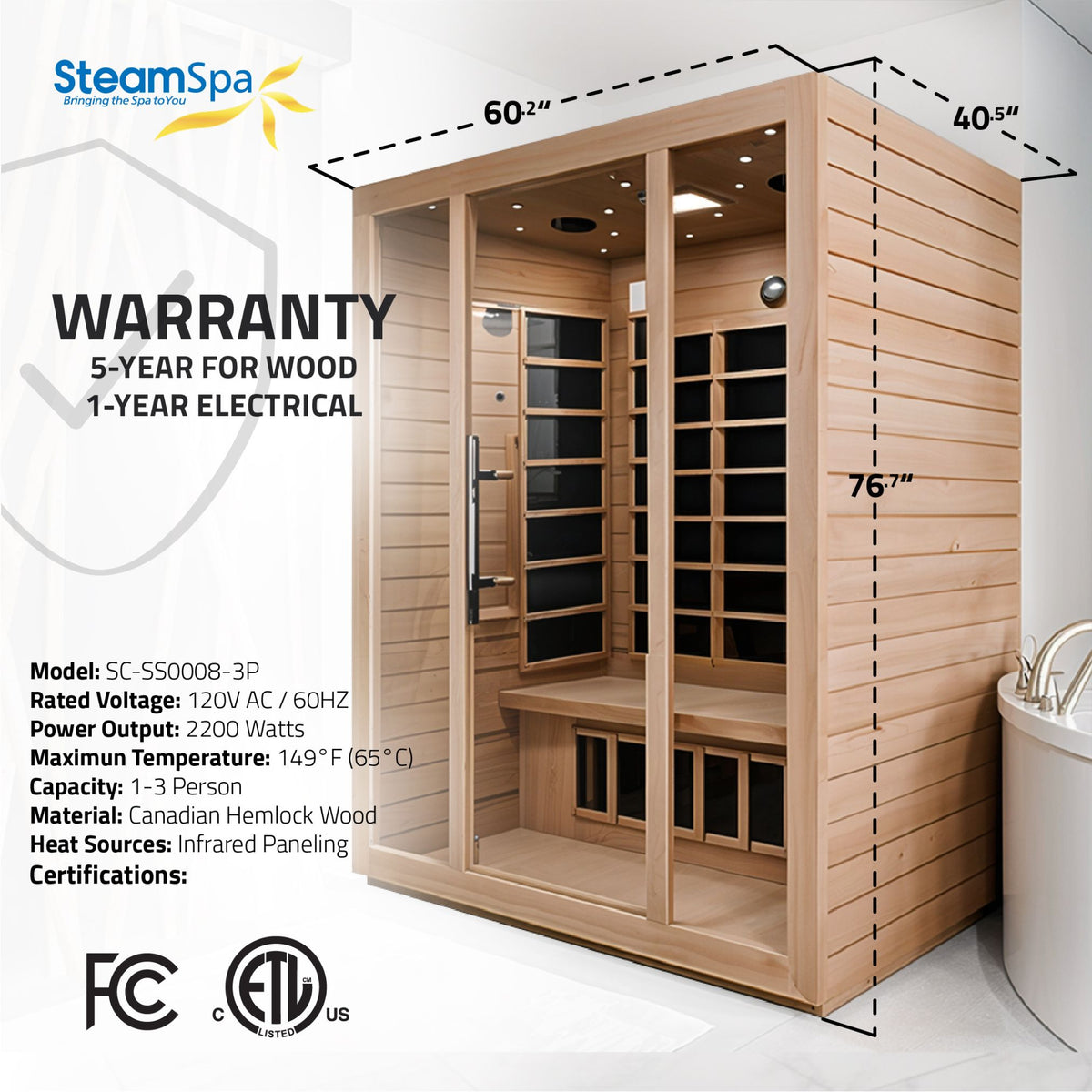 SteamSpa Maldives 3-Person Carbon FAR Infrared Hemlock Wooden Indoor Home Sauna Room with LED Touch Control Panel SC-SS0008-3P
