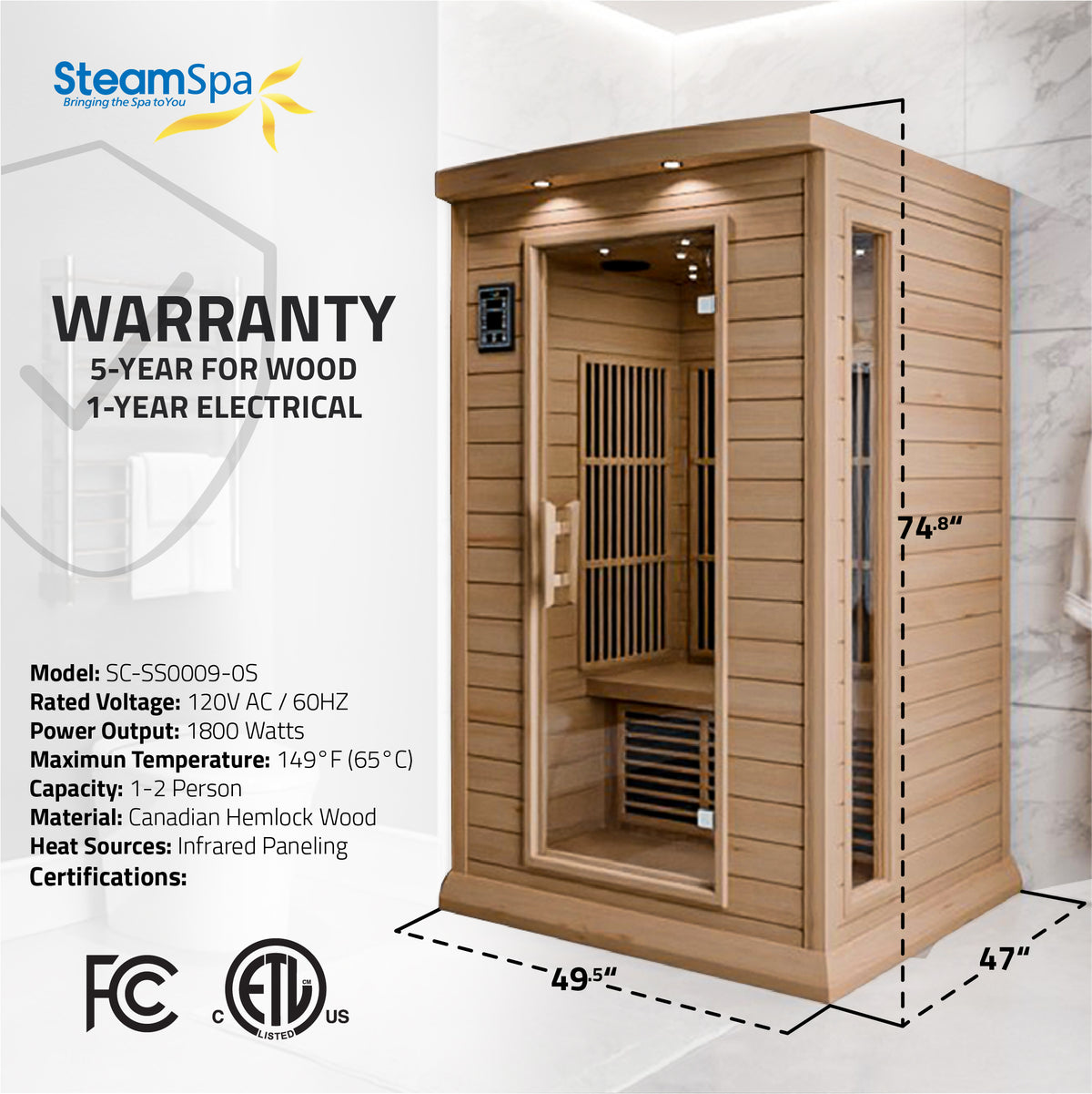 SteamSpa Seychelles 2-Person Carbon FAR Infrared Infrared Hemlock Wooden Indoor Home Sauna Room with LED Touch Control Panel SC-SS0009-0S