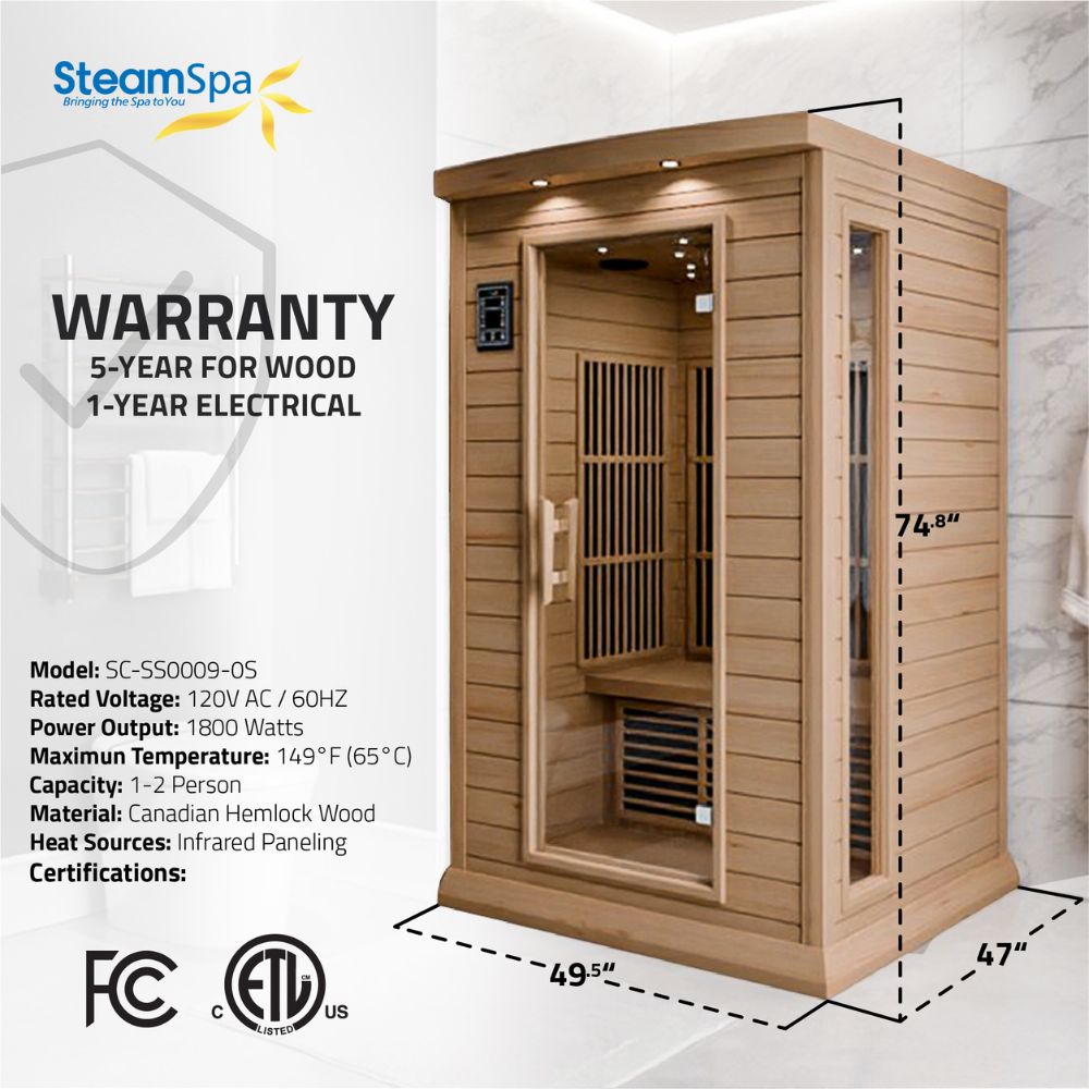 SteamSpa Seychelles 2-Person Carbon FAR Infrared Infrared Hemlock Wooden Indoor Home Sauna Room with LED Touch Control Panel SC-SS0009-0S