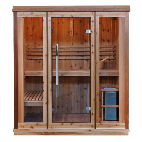 An angled exterior view of a rectangular, freestanding indoor sauna made of light-toned cedar with dark wood corner accents. The front features three large glass panels, including a central door with a long, vertical chrome handle. A small vertical window is also visible on the side. The interior shows two levels of wooden benches, a backrest, and a stainless steel heater in a safety cage. The natural wood grain and large glass windows give it a modern, spacious spa feel.