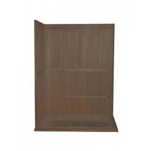 The image displays a corner section of vertical wooden wall paneling connected to a matching horizontal base platform.