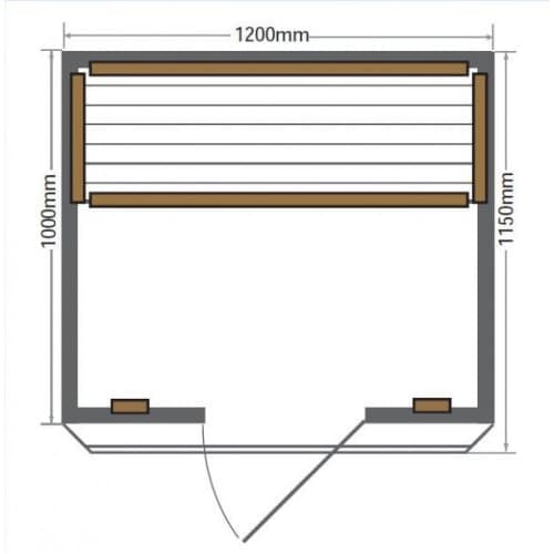 A top-down 2D architectural floor plan of a rectangular sauna measuring 1200mm wide by 1150mm deep, featuring an interior bench spanning the back wall, surrounding brown heating panel outlines, and a front doorway with a swinging door.