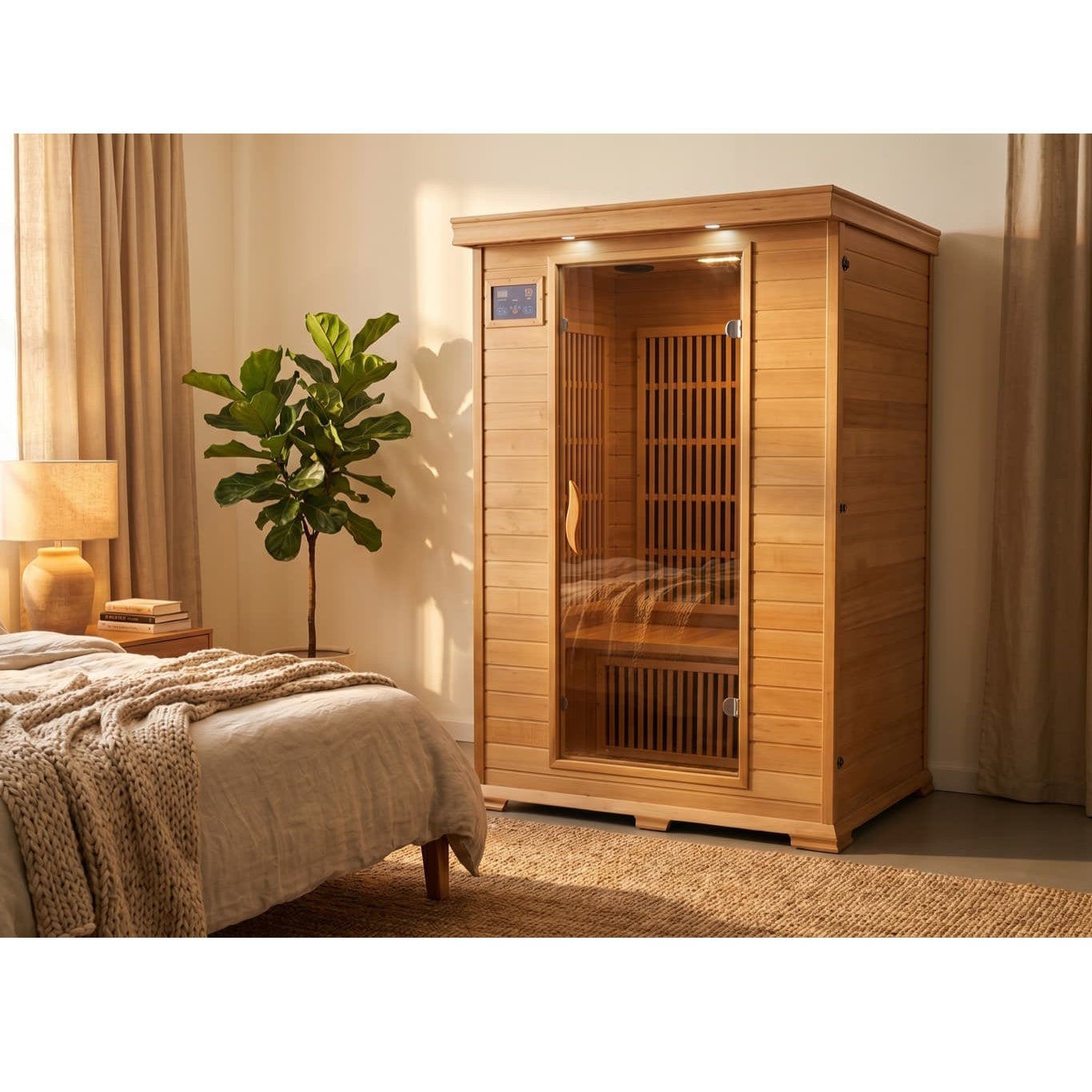 Studio product shot of the SunRay Evansport 2-Person Indoor Infrared Sauna against a plain white background, featuring a light cedar wood construction, front glass door, blue digital control panel, and slatted interior backrests.