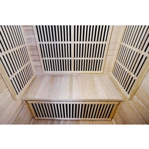 An interior perspective of the SunRay Evansport 2-Person Indoor Infrared Sauna (model HL200K2_2), showing the wooden bench seat and lower floor panel framed by slatted wooden heater guards on the back and side walls.