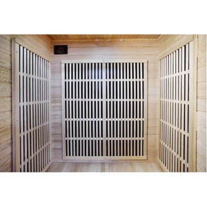An interior perspective of the SunRay Evansport 2-Person Indoor Infrared Sauna (model HL200K2_3), showing light cedar wood paneling on the walls and floor, covered by slatted wooden screens over black heating panels on the back and side walls.