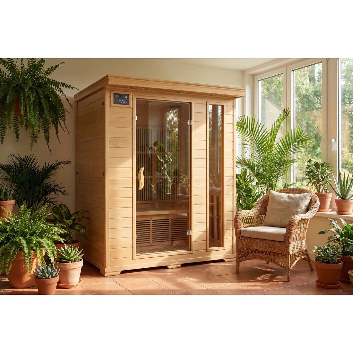 The SunRay 3-Person Aspen Indoor Infrared Sauna (model HL300K2_3) set up in a bright sunroom with terracotta tile flooring, surrounded by numerous lush potted plants and a wicker armchair with a cushion.