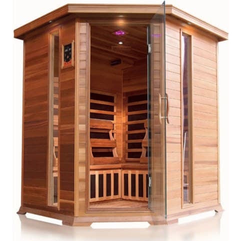 Studio product shot of the SunRay Sauna Bristol Bay Indoor FAR Infrared Corner Sauna (model HL400KC_3) against a plain white background, featuring a hexagonal wooden corner design, horizontal cedar planks, a glass door with side windows, and a digital control panel.