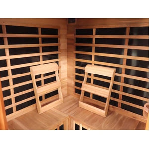 An interior perspective of the SunRay Sauna Bristol Bay Indoor FAR Infrared Corner Sauna (model HL400KC_4), showing the upper bench seating arrangement with two ergonomic wooden backrests mounted against the wood-paneled walls and black infrared heating panels behind horizontal slat guards.