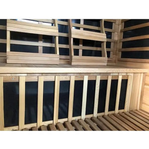 An interior perspective of the SunRay Savannah 3-Person Infrared Cedar Sauna (model HL300K_5), showing the lower bench area with a slatted wooden heater guard, side paneling, and two ergonomic wooden backrests mounted against the rear wall.